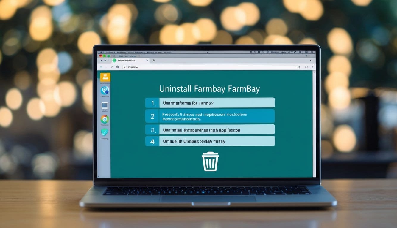 A laptop screen with a series of steps being followed to uninstall Farmbay, with a trash can icon representing the removal of the application