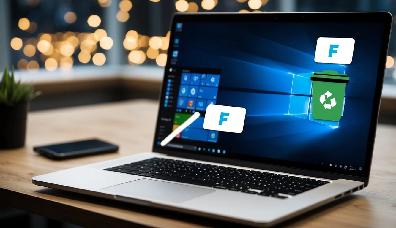 A laptop screen with a cluttered desktop, a cursor hovering over the Farmbay icon, and a trash can icon nearby