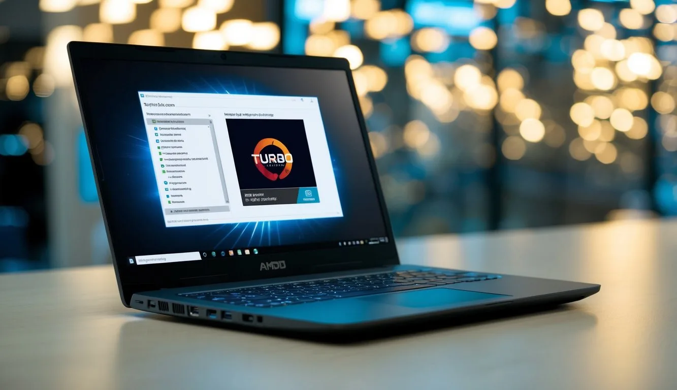 An open laptop with an AMD processor, with a visible option to turn off turbo boost in the advanced control settings