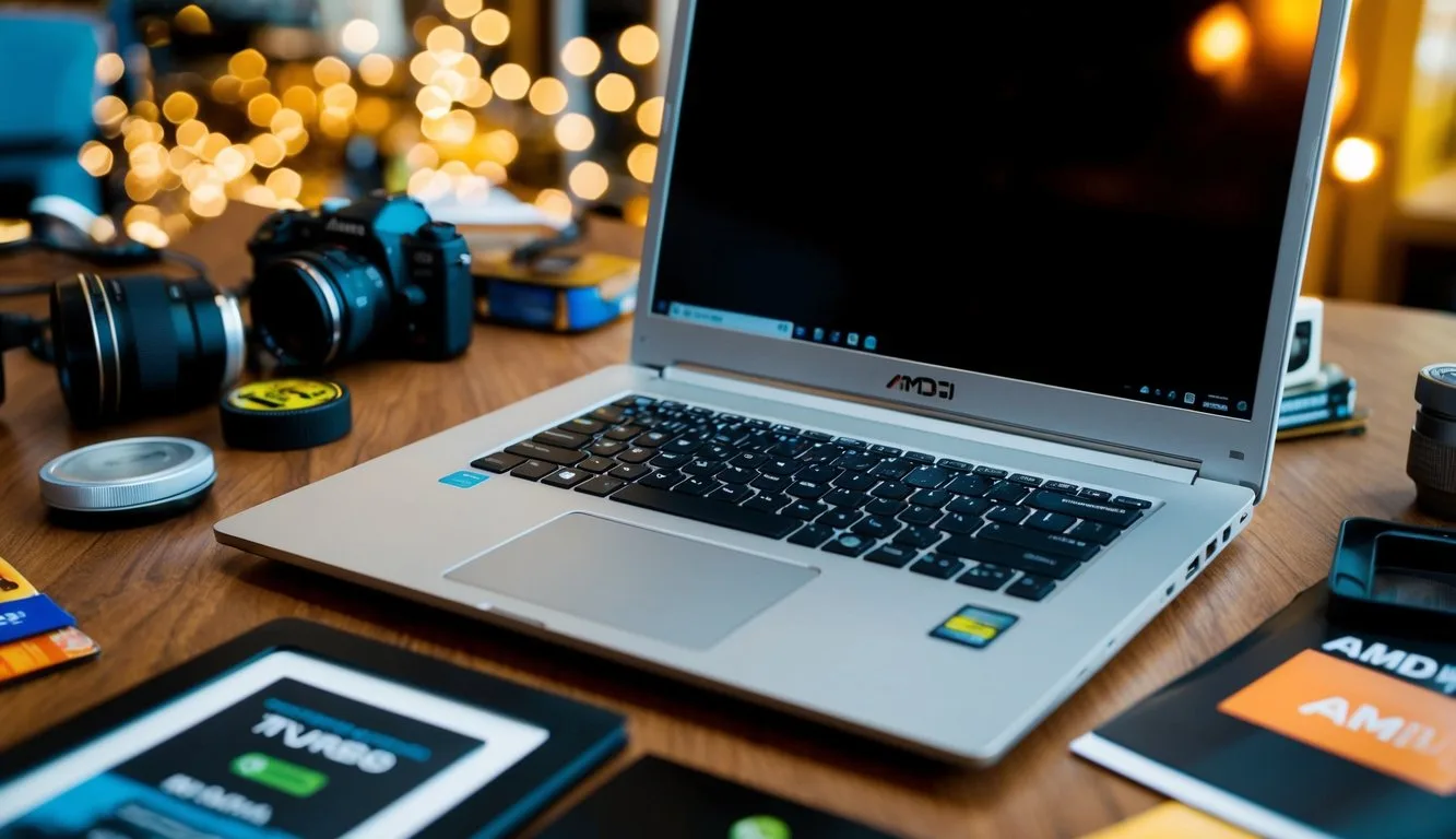 An open AMD laptop with a visible turbo boost button, surrounded by various everyday items