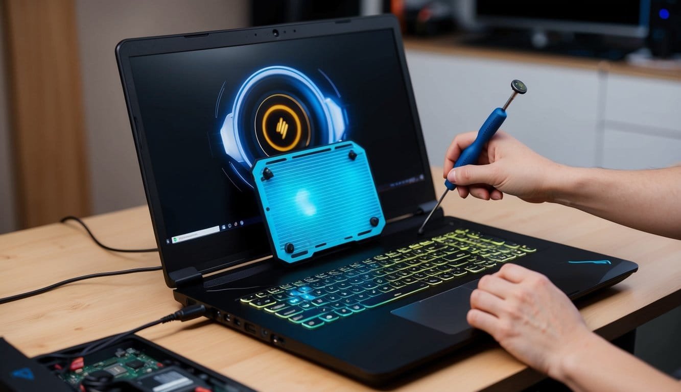 A gaming laptop with a cooling pad, open and being undervolted with a screwdriver