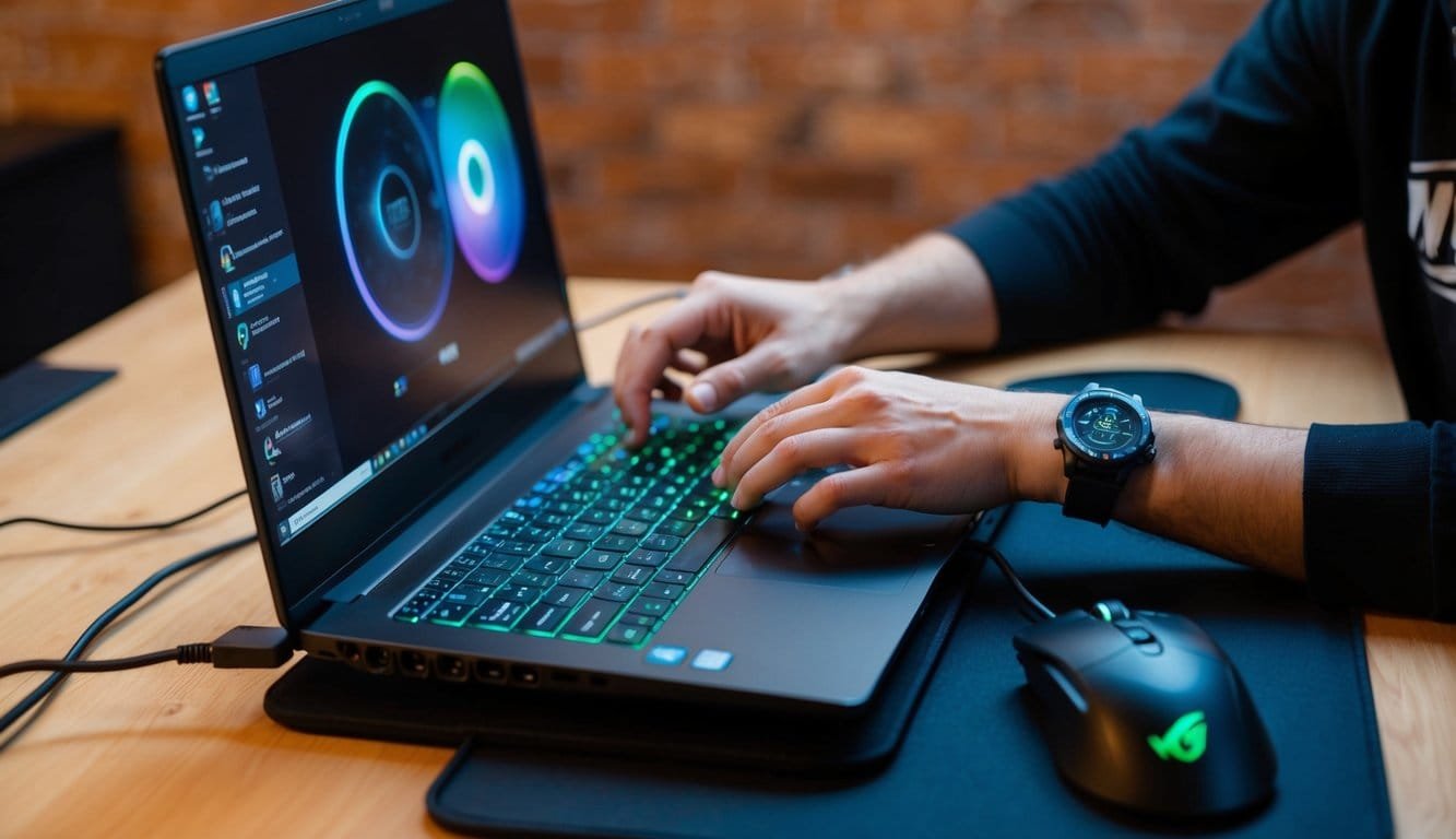 A gaming laptop hooked up to a cooling pad, with a user adjusting the undervolting settings on the laptop