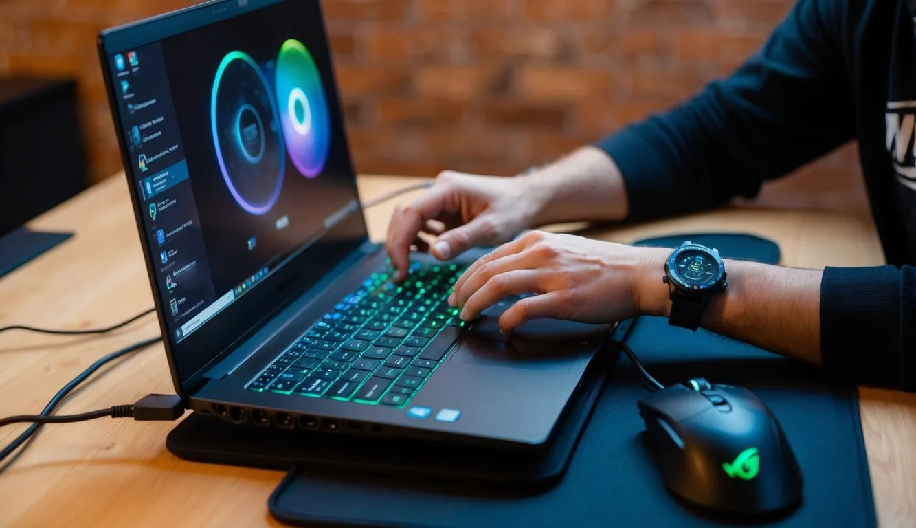 A gaming laptop hooked up to a cooling pad, with a user adjusting the undervolting settings on the laptop