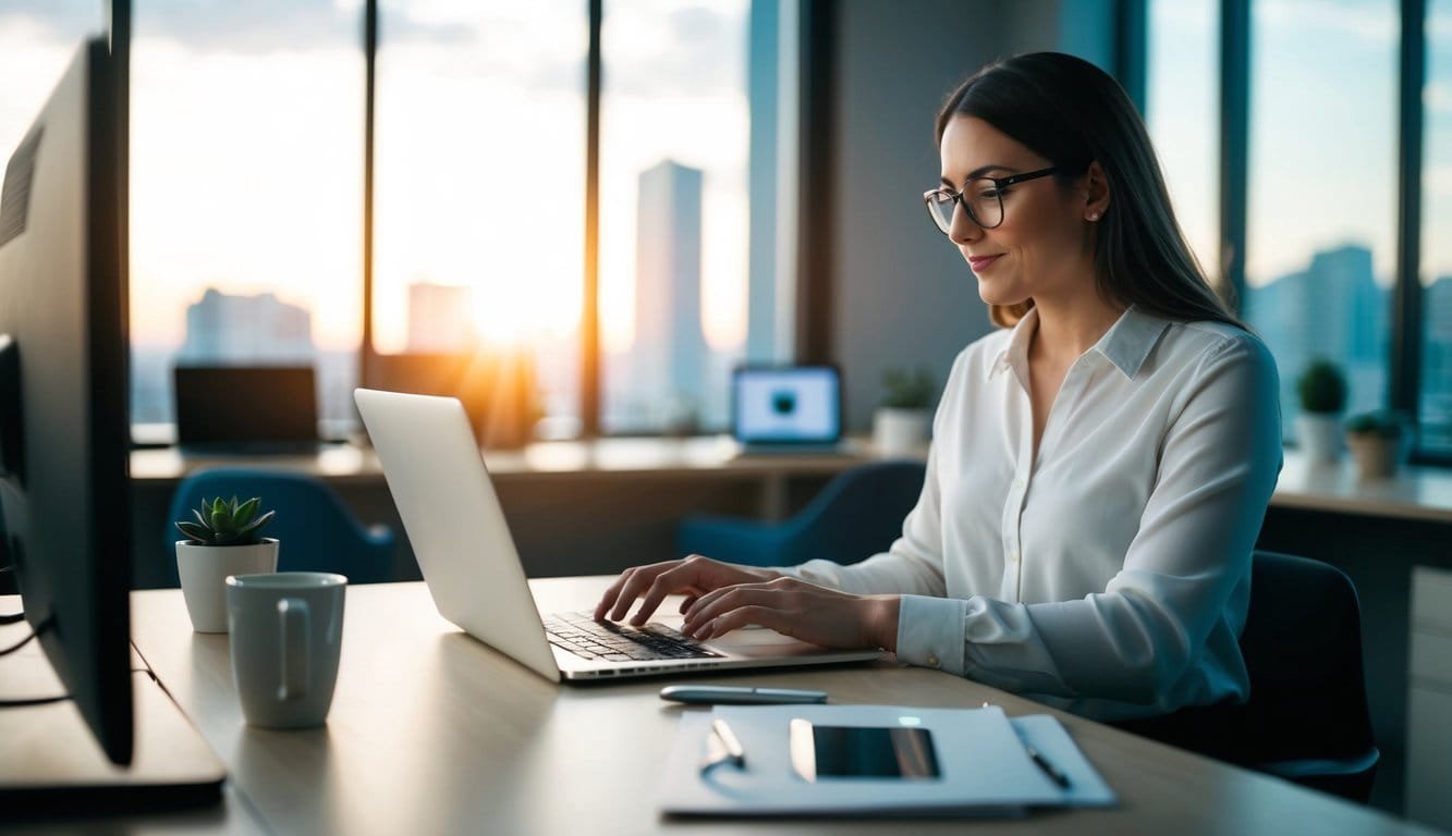 A person using a laptop in a well-lit, organized workspace with a balanced mode setting and a comfortable user experience