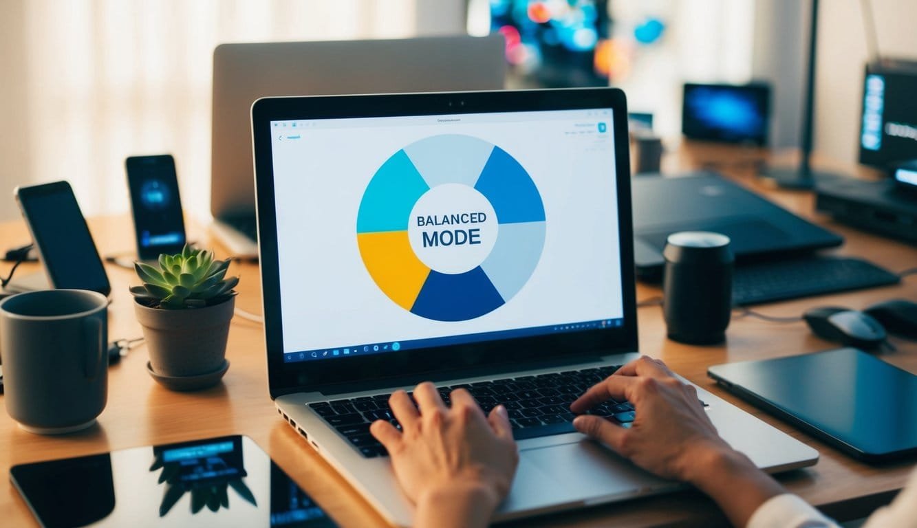 A laptop with a balanced mode setting displayed on the screen, surrounded by various electronic devices and a comfortable workspace
