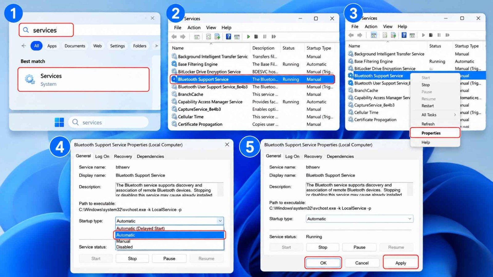 Change Bluetooth Service Configuration to Automatic