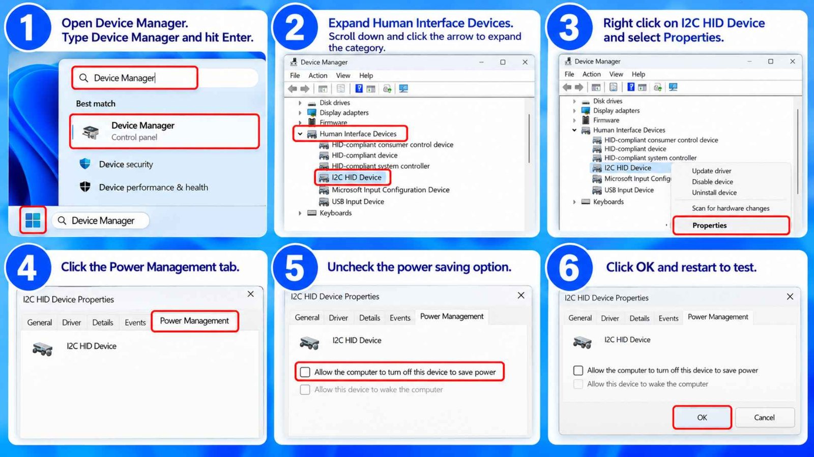 Adjust I2C HID Device Power Management Settings